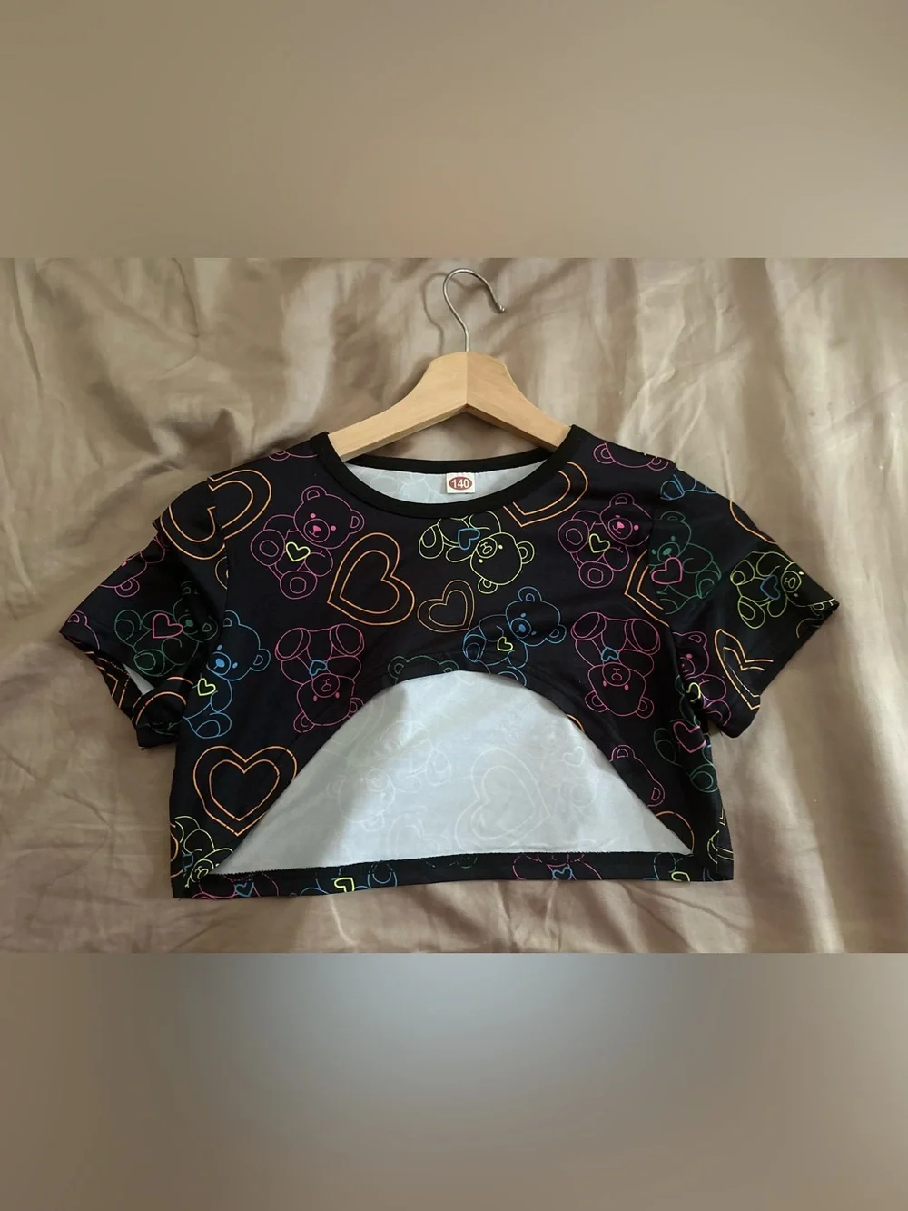 Black Neon Heart & Teddy Bear Print Matching 2pc Cropped Top & Pants Tween Set